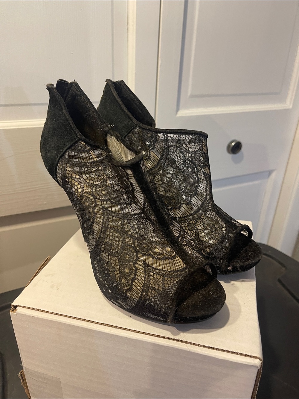 Black Lace Peep-Toe Heeled Booties